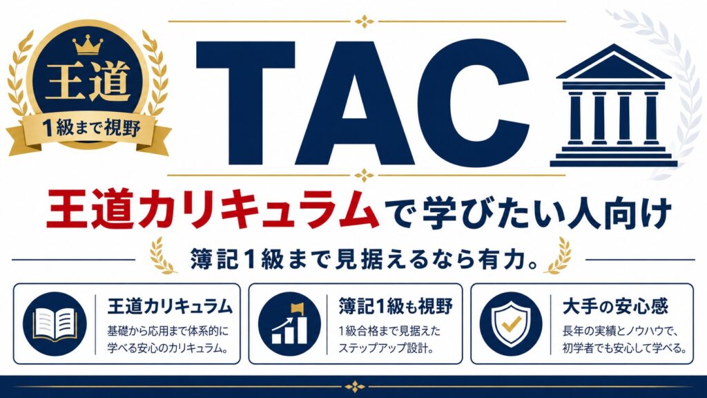 TAC:王道カリキュラムで学びたい人向け。簿記1級まで見据えるなら有力。